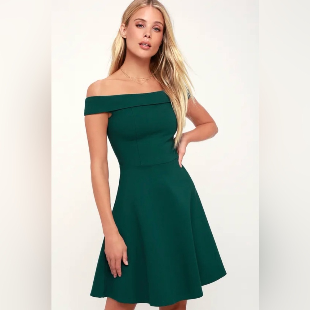 Lulu’s Season of Fun Forest Green Off-the-Shoulder Skater Dress - S